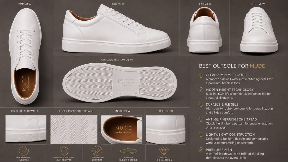 MUDE Ascend White men’s height-increasing sneaker concept with discreet 6 cm lift