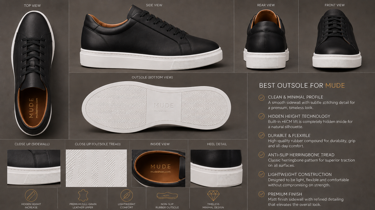 MUDE Ascend Black men’s height-increasing sneaker concept with discreet 6 cm lift.